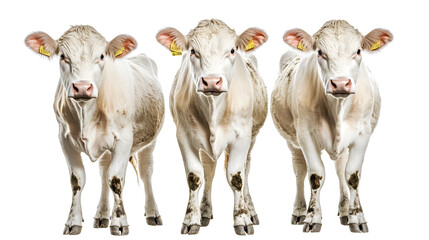 Wall Mural - Collection of three white cows (portrait, standing), animal bundle isolated on a transparent background
