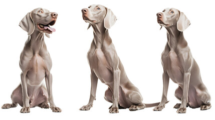 Wall Mural - Happy weimaraner dog collection, portrait, sitting, lying and standing, isolated on a transparent background