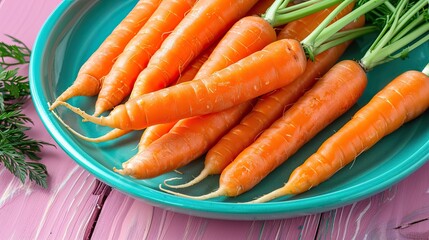 Wall Mural - Fresh Organic Carrots on a Blue Plate, Vibrant and Healthy Vegetables on a Pink Background