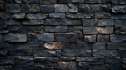 Poster - Dark brick wall pattern with chaotic masonry order Background texture or resource for 3d texturing Many bricks in big modern stone wall in full frame : Generative AI