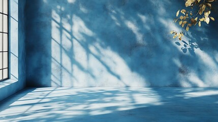 Poster - Empty blue room studio with shadow of leaves on concrete wall and floor for product presentation Sunlight effect shadow Minimal summer backdrop Cosmetic beauty and fashion showroom : Generative AI