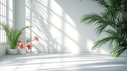Leinwandbilder - Abstract white studio background for product presentation Empty room with shadows of window and flowers and palm leaves  3d room with copy space Summer concert Blurred backdrop Banner : Generative AI