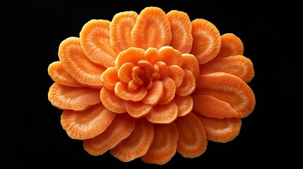 Carrot slices trimmed in flower shaped isolated with clipping path no shadow in black background fresh raw vegetables cooking ingredient : Generative AI