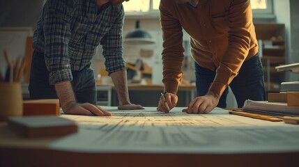 Poster - Two architects and engineers are in a meeting to discuss house designs according to building and construction standards before presenting them to clients Interior design and decoration : Generative AI