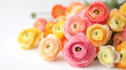 Wall Mural - Ranunculus flowers Pink and yellow flowers on a white background Blossoming Beauty Colorful Bouquet of Fresh Spring florals in a Studio Setting : Generative AI