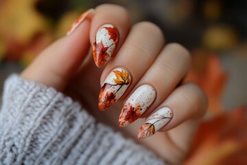 Autumn-themed manicure with leaves against an autumn tree background