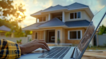 Poster - Engineers are typing on a laptop keyboard to review the design of the house before editing it and sending it to customers Home design ideas by expert engineers for quality and correct  : Generative AI
