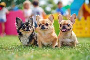 A group of three small dogs, a Chihuahua, a Pomeranian, and a French bulldog, playing together in a colorful park with children in the background. copy space , ai