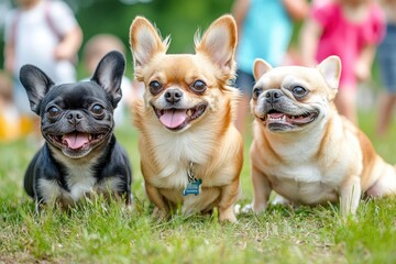 A group of three small dogs, a Chihuahua, a Pomeranian, and a French bulldog, playing together in a colorful park with children in the background. copy space , ai