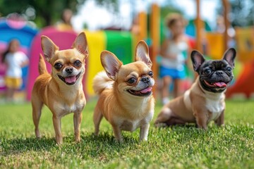 A group of three small dogs, a Chihuahua, a Pomeranian, and a French bulldog, playing together in a colorful park with children in the background. copy space , ai