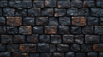Poster - Dark brick wall pattern with chaotic masonry order Background texture or resource for 3d texturing Many bricks in big modern stone wall in full frame : Generative AI