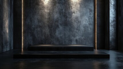 Poster - Empty dark three dimensional room with black concrete wall and floor and a low lighting : Generative AI