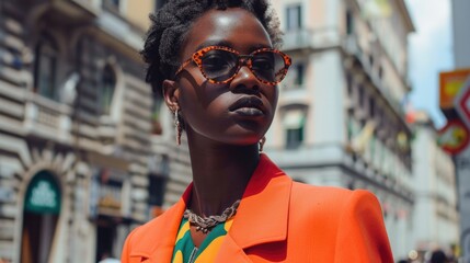 Wall Mural - A woman wearing an orange jacket and sunglasses on a sunny day