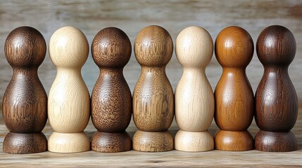 A collection of wooden figures stands side by side highlighting various natural colors and textures. Generative AI