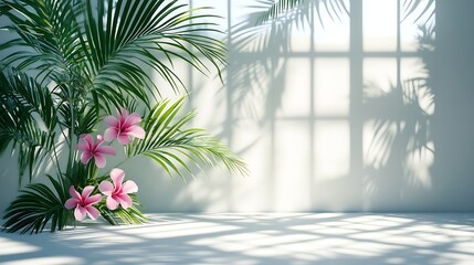 Poster - Abstract white studio background for product presentation Empty room with shadows of window and flowers and palm leaves  3d room with copy space Summer concert Blurred backdrop Banner : Generative AI