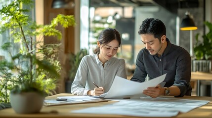 Wall Mural - Two architects and engineers are in a meeting to discuss house designs according to building and construction standards before presenting them to clients Interior design and decoration : Generative AI