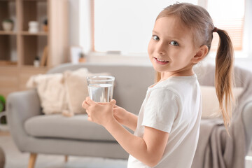 Poster - Cute little girl with glass of water at home