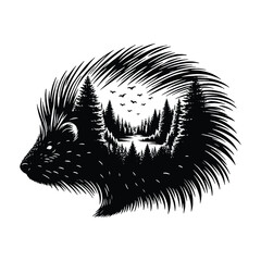 silhouette of porcupine, filled with nature view in rough drawing,