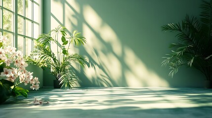 Leinwandbilder - Abstract gradient green studio background for product presentation Empty room with shadows of window and flowers and palm leaves  3d room with copy space Summer concert Blurred backdro : Generative AI