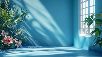 Leinwandbilder - Abstract gradient blue studio background for product presentation Empty room with shadows of window and flowers and palm leaves  3d room with copy space Summer concert Blurred backdrop : Generative AI