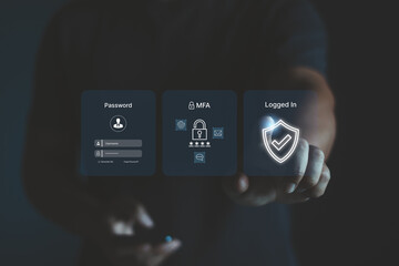 Aufkleber - Multiple Factor Authentication MFA method uses portable devices to protect data and account for internet data security concept. Businessman finger touching a secure computer technology graphics icon.