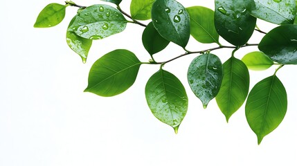 Aufkleber - Green leaves branch with drop isolated on white background with clipping path : Generative AI