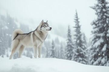 A Siberian Husky standing in a snowy landscape, its thick fur contrasting against the white snow, with pine trees in the background. copy space , ai