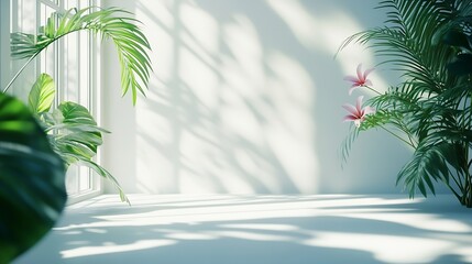 Leinwandbilder - Abstract white studio background for product presentation Empty room with shadows of window and flowers and palm leaves  3d room with copy space Summer concert Blurred backdrop : Generative AI
