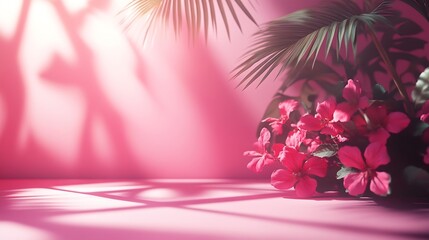 Poster - Abstract pink color gradient studio background for product presentation Empty room with shadows of window and flowers and palm leaves  3d room with copy space Summer concert Blurred ba : Generative AI