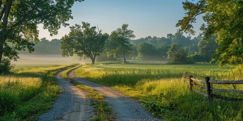 Sticker - Tranquil Morning in the Countryside Gravel Road through Lush Green Fields at Dawn