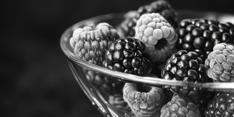 Wall Mural - A close-up view of a glass bowl filled with abundant blackberries, perfect for snacking or baking