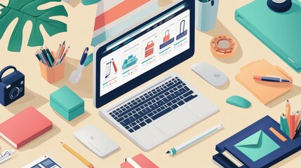Flat lay of office supplies and a computer with product listings, representing an online business setup.
