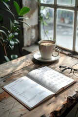 Wall Mural - A book opens on a wooden table with a cup of coffee nearby