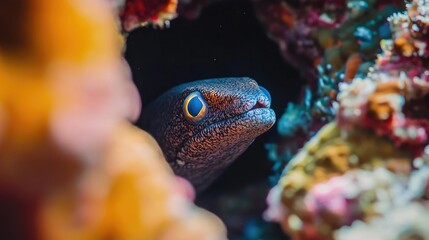 Moray eel peeking out from a crevice in the coral reef, highlighting its elusive and stealthy nature.