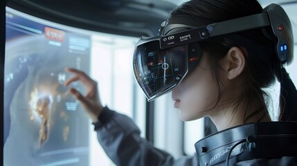 A person using advanced virtual reality technology to interact with a digital interface.