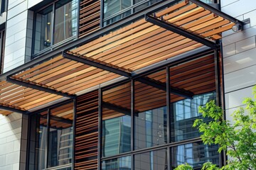 Close up view of an exterior building with wood slats and a metal canopy over the entrance