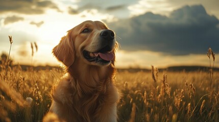 Golden Retriever in a Field at Sunset