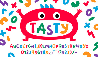 Wall Mural - funny cute font, childish type, game play typeface, children english alphabet of color comic letters