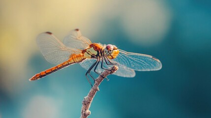 Dragonfly perched on a twig against a vibrant blue background