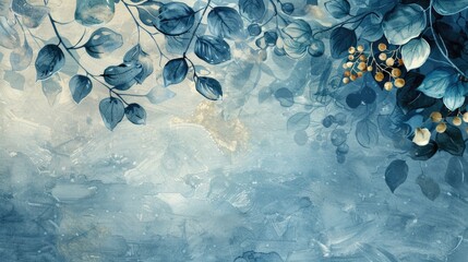 Wall Mural - A colorful illustration featuring leaves and berries against a bright blue backdrop