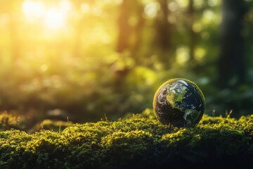 Earth Day - Environment - Green Globe In Forest With Moss And Defocused Abstract Sunlight , ai