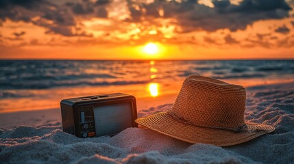 Wall Mural - Sunset over the beach with a straw hat and vintage radio on the sand, creating a calm and nostalgic summer evening atmosphere. 