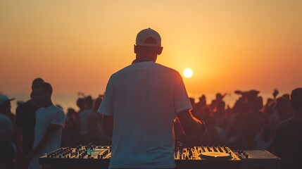 Poster - DJ mixing outdoor at beach party festival with crowd of people at sunset