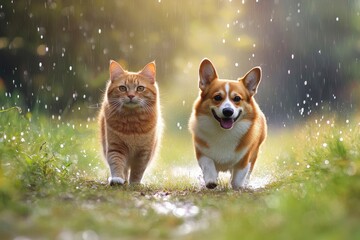 furry friends red cat and corgi dog walking in a summer meadow under the drops of warm rain , ai