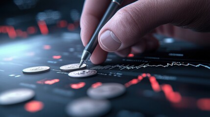 Canvas Print - A person is writing on a coin with pen and graph, AI