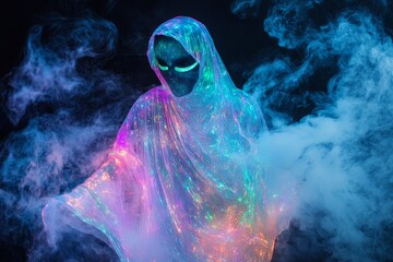 A mysterious figure draped in shimmering fabric glows amidst swirling colorful mist in a dark atmosphere. Generative AI