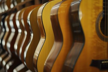 Close-up of multiple acoustic guitars hanging on the wall