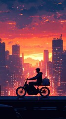 A delivery worker rides an electric bike through a bustling cityscape as the sun sets in the background