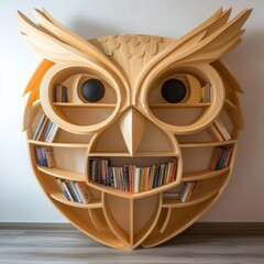 Canvas Print - A wooden owl shaped bookcase with a shelf full of books, AI