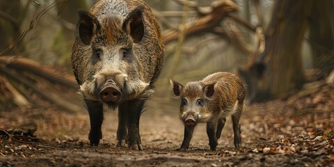 Wall Mural - mom and baby wild boar 